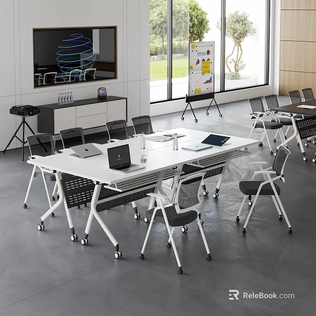 Modern Meeting Room Interior With Long Table Ergonomic Chairs And Laptops 3d model 