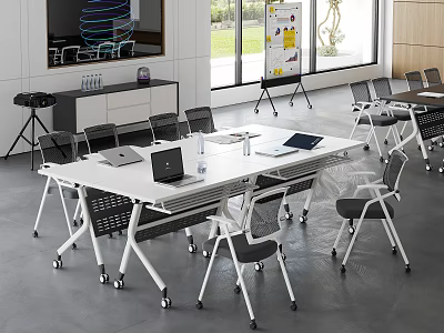 Modern Meeting Room Interior With Long Table Ergonomic Chairs And Laptops 3d model
