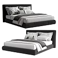 Modern Double Bed With Black Headboard Striped Bed Sheets And Grey White Pillows 3d model