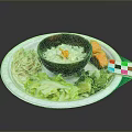 Fresh Salmon Fillet Served with Rice Noodles Lettuce on White Plate and Colorful Square