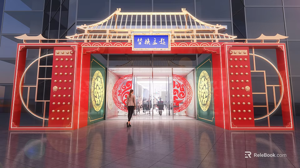 Traditional Chinese Event Entrance Red With Golden Decorations Blue Plaque Silk Road Theme Circular Ornaments 3d model 