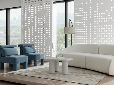 Modern Lounge Area With White Sofa Blue Armchairs Round Table Large Windows And Perforated Partition 3d model