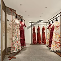 Elegant Bridal Shop Interior With White Wedding Dresses Red Evening Gowns And Chandeliers