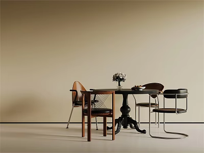 Minimalist Dining Table Interior With Mixed Design Chairs And Flower Centerpiece Decoration 3d model