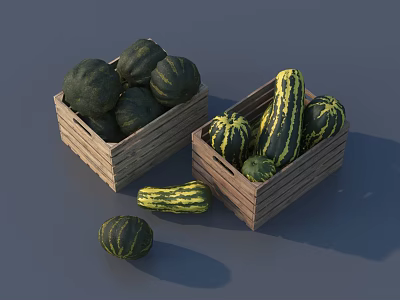 Fresh Vegetables Assorted Shapes Green Yellow Striped Pumpkins in Wooden Crates 3d model