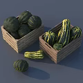 Fresh Vegetables Assorted Shapes Green Yellow Striped Pumpkins in Wooden Crates