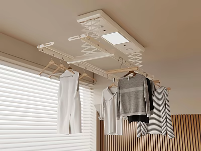 Indoor Clothes Drying Rack With Hanging Garments Near Window And Wooden Wall 3d model