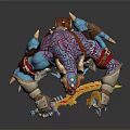 Blue Skinned Horned Fantasy Creature Posing With Ornate Sword And Armored Outfit
