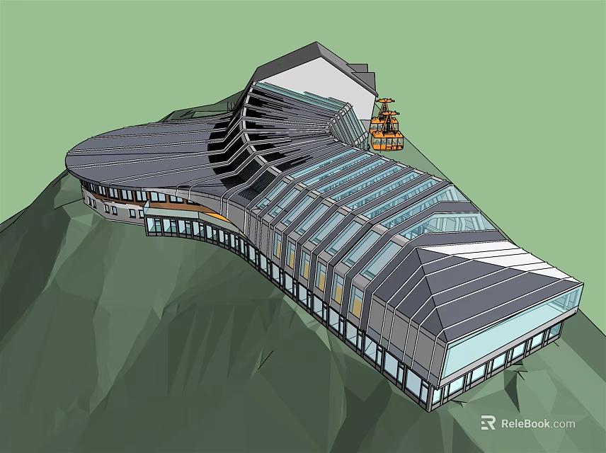 Modern Mountain Hillside Building Featuring Curved Roof And Glass Windows Design 3d model 