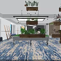 Elegant Billiard Room Interior With Green Table Overhead Lighting Blue Carpet Cue Rack And Plant