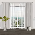Modern White and Beige Curtains with Sheer Layer Interior Large Window Potted Plant and Books