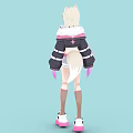 Anime Style Character With Cat Ears Wearing Black Pink Jacket And White Shorts On Light Blue Background