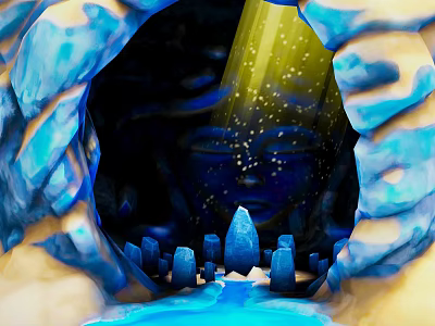 Cave Interior With Blue Rock Formations Yellow Light Beam Sparkling Particles And Water Pool 3d model