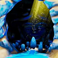Cave Interior With Blue Rock Formations Yellow Light Beam Sparkling Particles And Water Pool