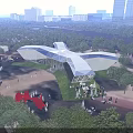 Modern Geometric Sales Office Building At Evening With Green Lawn People Gathering And Urban Skyline