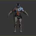 Standing Biomechanical Sci-Fi Character In Mechanical Armor With Red Helmet And Blue Glowing Parts 3d model