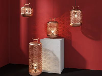 Copper Geometric Pendant Lights with Intricate Patterns on Red Background and White Cube 3d model