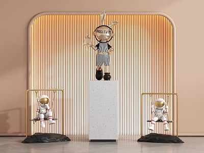 Modern Astronaut Sculpture Display With White Pedestal Small Figures And Golden Striped Wall 3d model