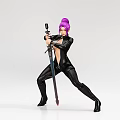Woman With Purple Hair In Black Tight Outfit Holding Sword In Combat Stance