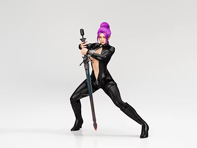 Woman With Purple Hair In Black Tight Outfit Holding Sword In Combat Stance 3d model