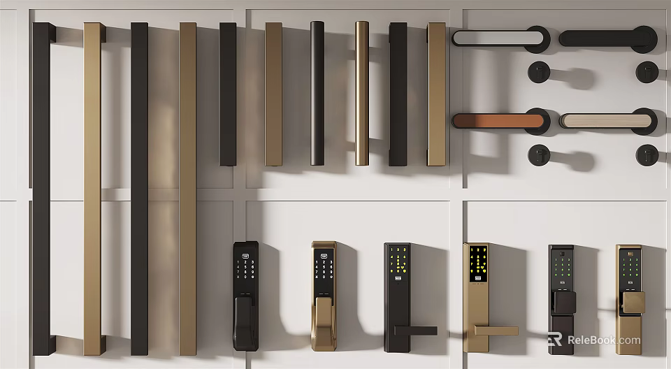 Various Stylish Door Handles With Metallic Finishes In Black Gold And Copper Colors 3d model 