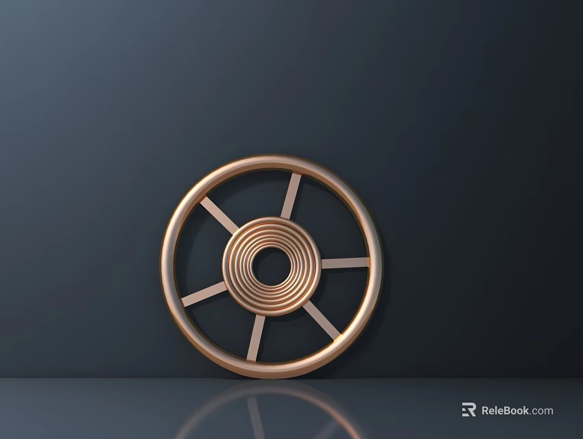 Copper Colored Circular Hardware Wheel Tool Featuring Spokes On Dark Background With Reflection 3d model 