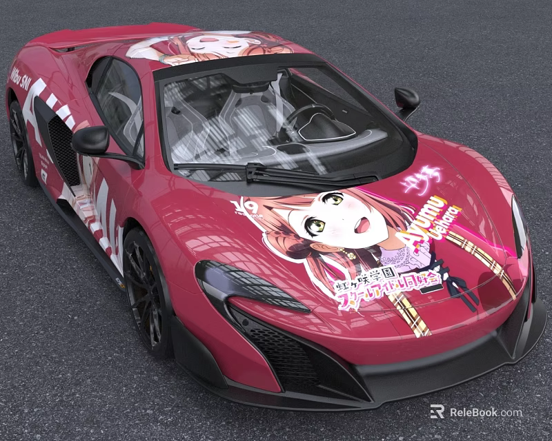 Pink Sports Car With Vibrant Anime Character Art On Exterior 3d model 