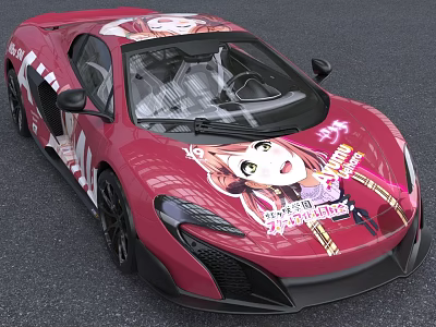 Pink Sports Car With Vibrant Anime Character Art On Exterior 3d model