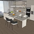 Modern Restaurant Open Kitchen Design With White Dining Table Black Chairs And City View
