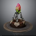 Colorful Cracked Egg On Ornate Metallic Stand With Circular Base