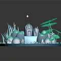 Cartoon Scenic Miniature Landscape With Lily Pads Waterfall Rocky Mushroom Structures And Flying Butterflies