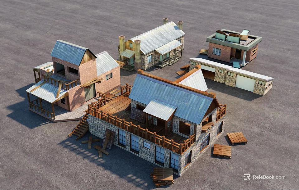 Traditional Rural Self Built Houses Featuring Brick Stone Wooden Structures Metal Roofs And Balconies 3d model 