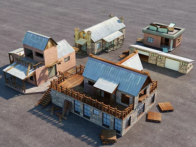 Traditional Rural Self Built Houses Featuring Brick Stone Wooden Structures Metal Roofs And Balconies 3d model