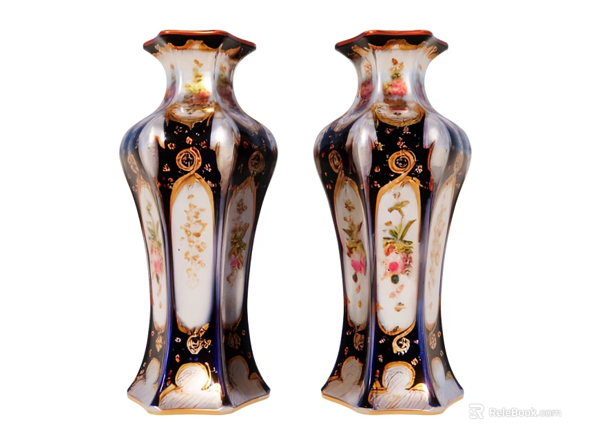 Decorative Ornament Set With Ceramic Vases Floral Patterns Black Gold White Design 3d model