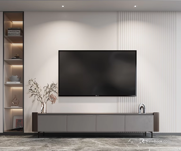 Modern TV Stand with Large Screen TV Decorative Plant and Shelving in Living Room 3d model 