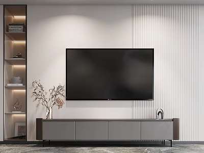 Modern TV Stand with Large Screen TV Decorative Plant and Shelving in Living Room 3d model