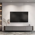 Modern TV Stand with Large Screen TV Decorative Plant and Shelving in Living Room