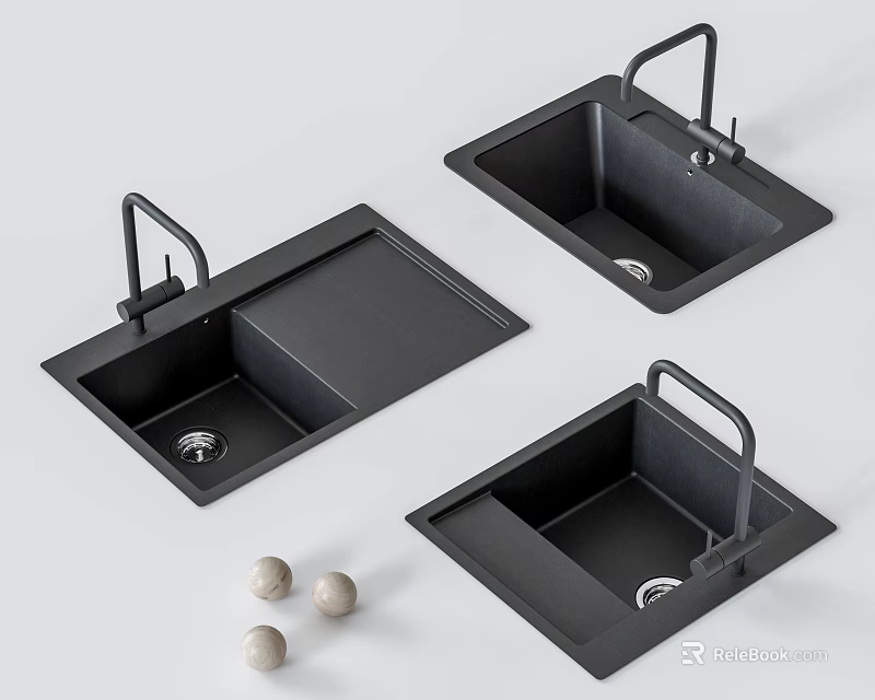 Modern Black Kitchen Sinks With Faucet And Decorative Balls Design 3d model 
