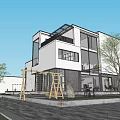 Modern Detached Villa With Large Glass Windows White Dark Exterior Lawn And Trees