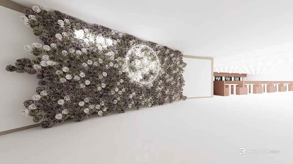 Floral Wall Decor With Purple White Flowers Circular Ornament White Room Background And Brown Furniture 3d model 