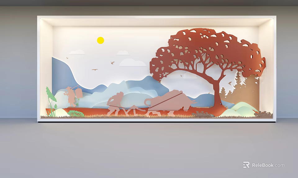 Artistic Paper Cut Style Background Wall with Sun Mountains Tree Bullock Cart Birds and Clouds 3d model 