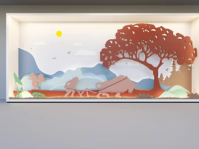 Artistic Paper Cut Style Background Wall with Sun Mountains Tree Bullock Cart Birds and Clouds 3d model