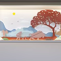 Artistic Paper Cut Style Background Wall with Sun Mountains Tree Bullock Cart Birds and Clouds