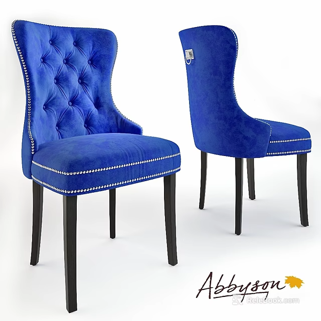 Elegant Blue Velvet Chairs With Tufted Backrest And Black Wooden Legs 3d model 