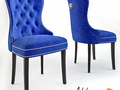 Elegant Blue Velvet Chairs With Tufted Backrest And Black Wooden Legs 3d model
