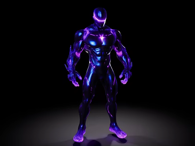 Futuristic Game Movie Character with Glowing Purple Blue Armor and Muscular Build 3d model