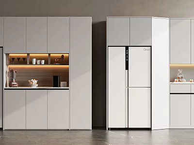 Modern White Kitchen Cabinets With Integrated Refrigerator And Sleek Storage Design 3d model