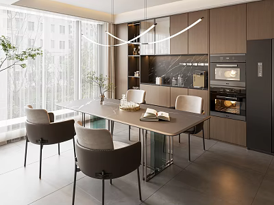 Modern Open Dining Area With Kitchen Cabinets Dining Table Chairs Hanging Lights And Natural Light 3d model