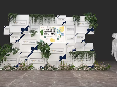 Decorative Background Wall With White Square Panels Green Plants Blue Bows And White Flowers 3d model