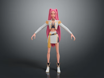 Woman With Pink Long Hair White Top Yellow Accents White Skirt And White Boots 3d model